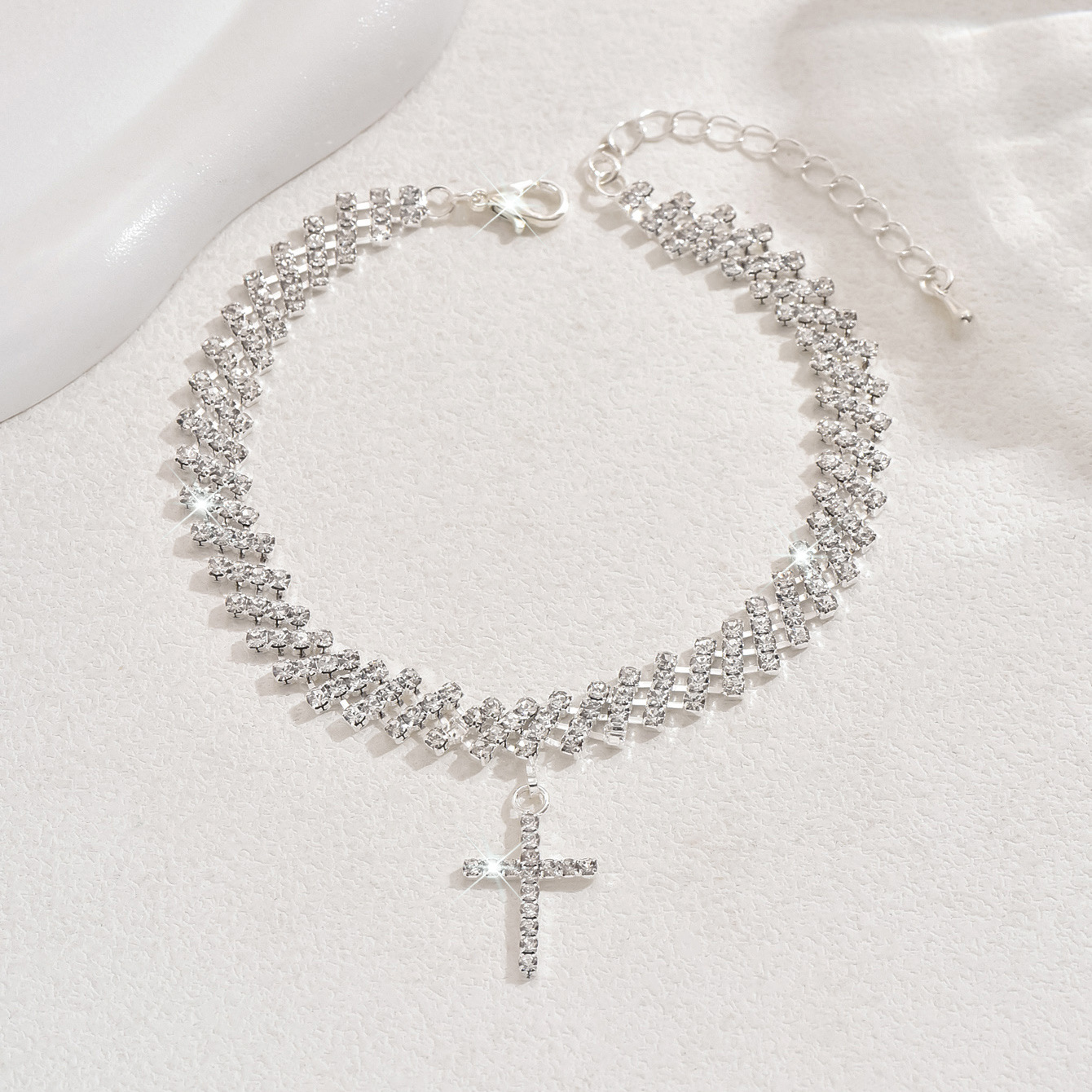 Crystal Cross Anklet Bracelet With Rhinestone Tennis Chain Design